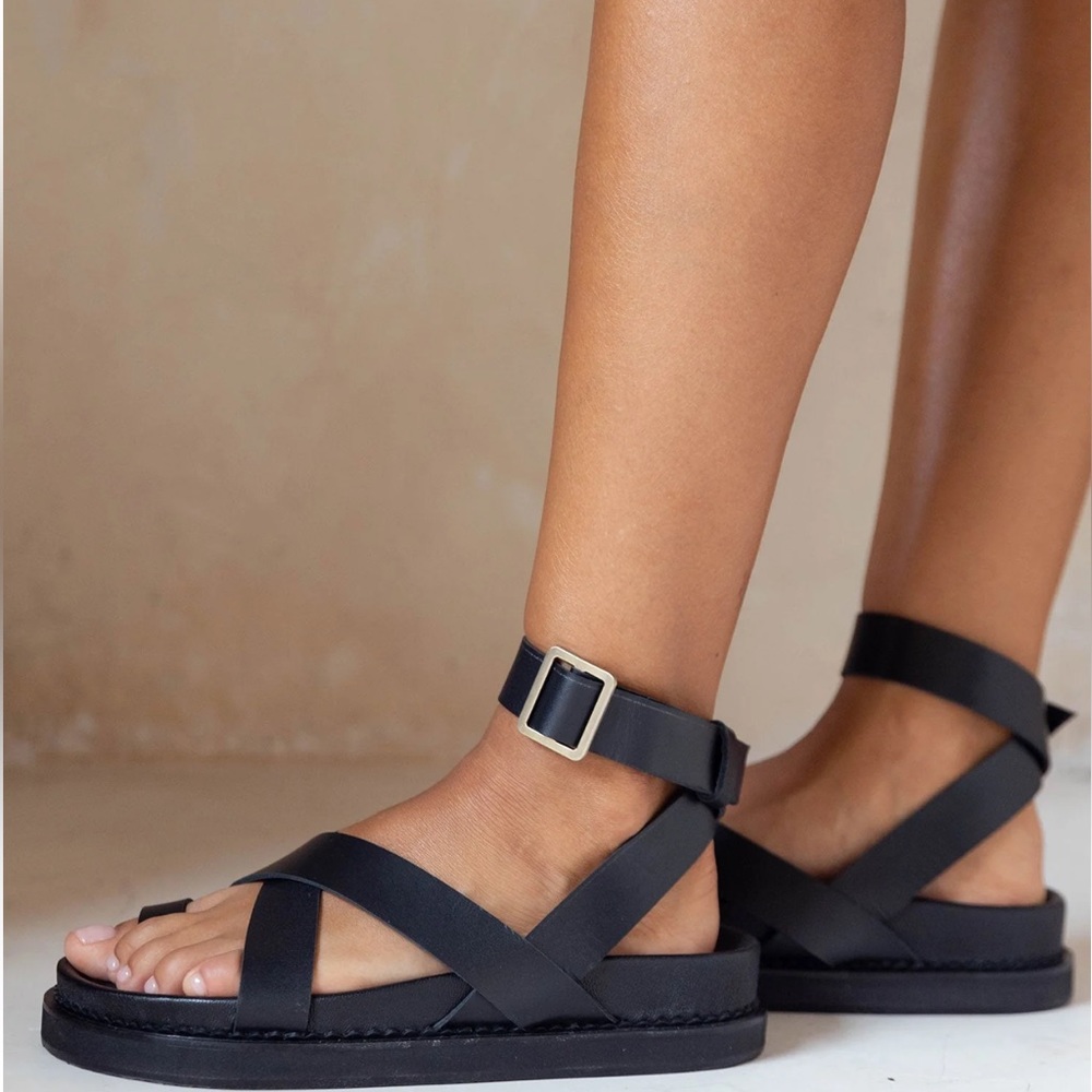 Liberte Bront Black Strappy Ankle-Buckle Sandals